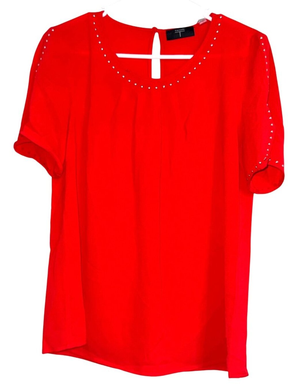 Tahari Red Short Sleeve Blouse With Studded Neckline & Sleeves S